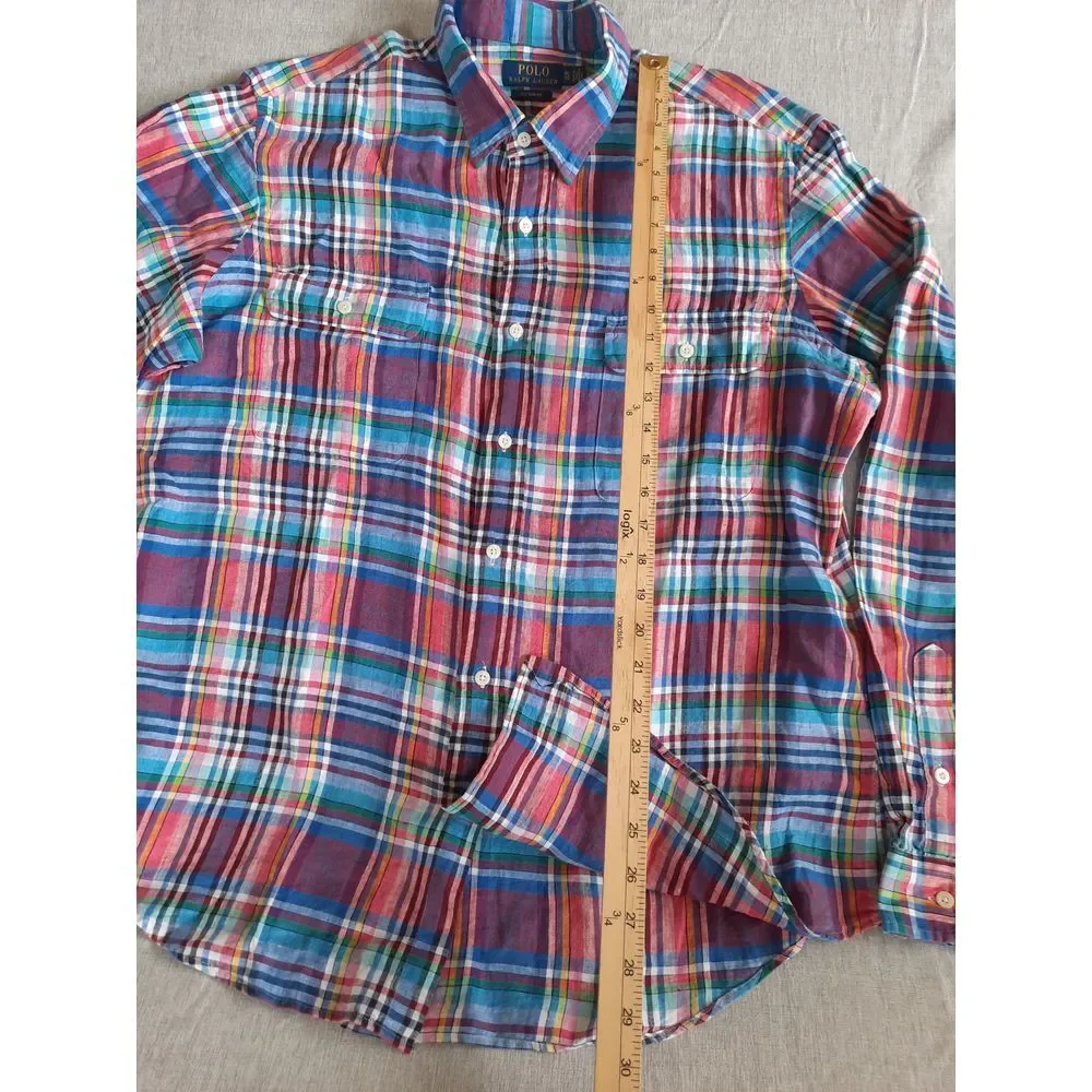 Polo Ralph Lauren Men XL Custom Fit Plaid Western Linen Button Shirt LongSleeve‎